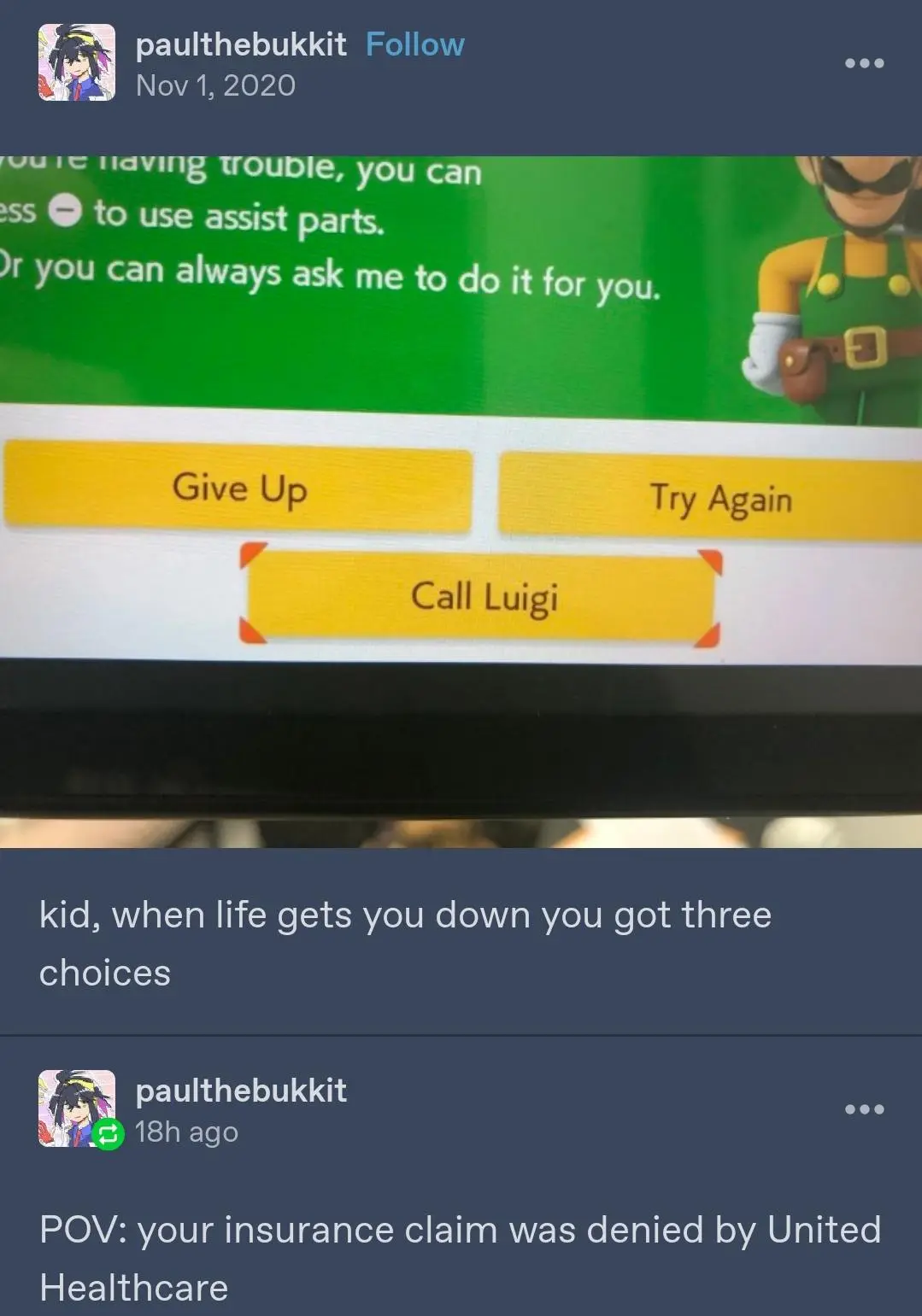 A screenshot of a video game screen showing three yellow buttons labeled 'Give Up', 'Try Again', and 'Call Luigi', with…