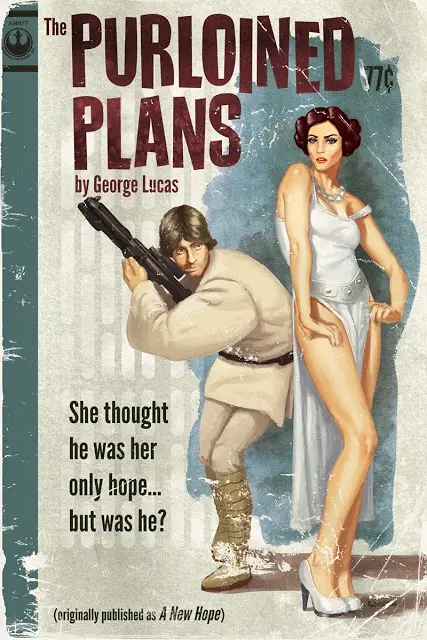 An illustrated book cover parody titled 'The Purloined Plans by George Lucas' shows Luke Skywalker aiming a blaster while…