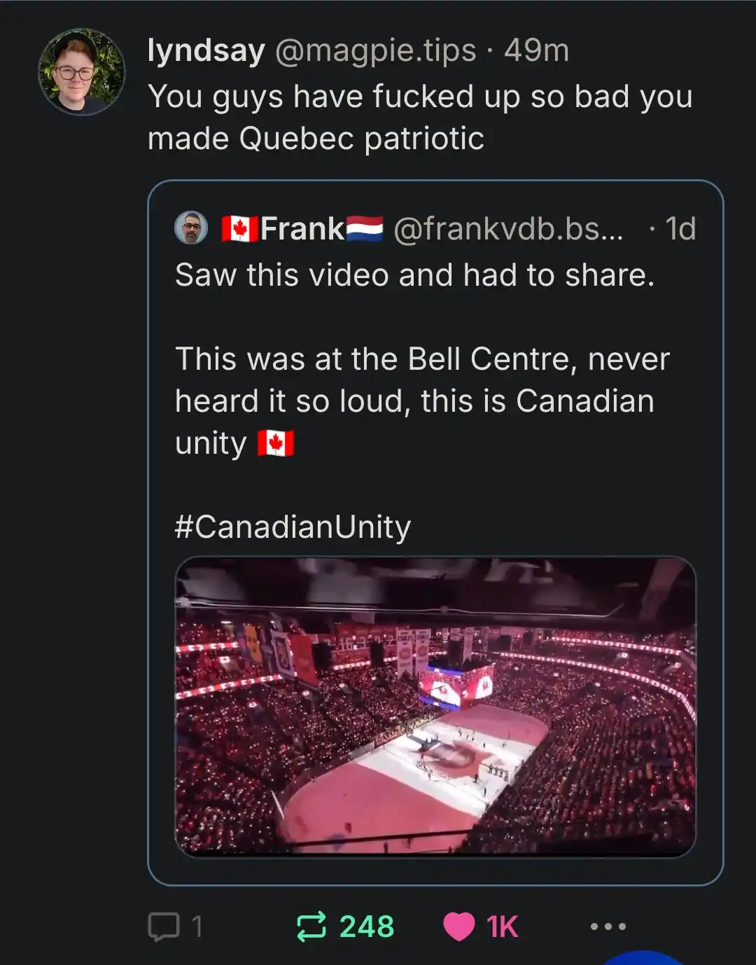 A screenshot of a Twitter thread shows a user named Frank posting a video from the Bell Centre with a large crowd holding up…