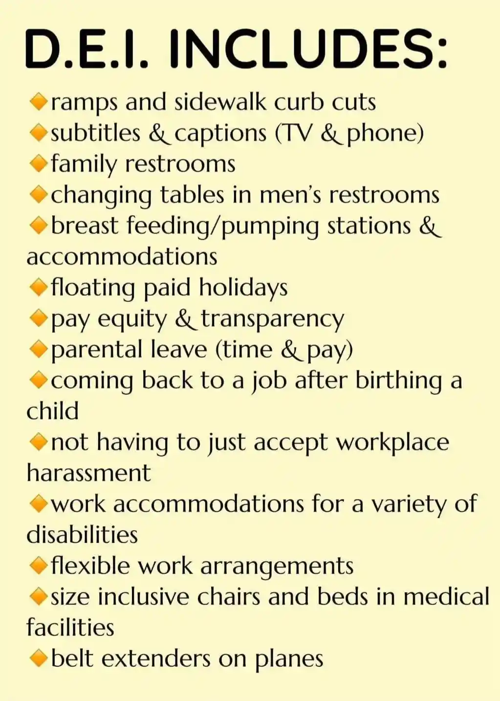 A yellow-background infographic lists what 'D.E.I. INCLUDES' with a bulleted list of accessibility and workplace equity…
