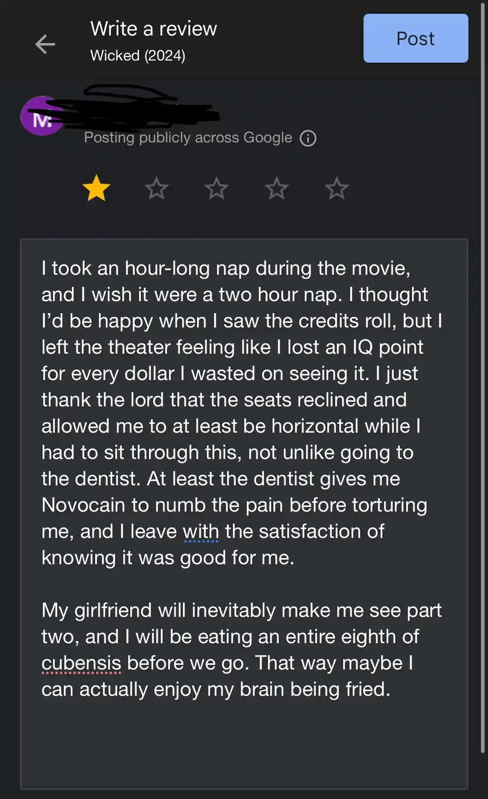 A screenshot of a one-star Google review for 'Wicked (2024)' shows a user giving a scathing, humorous critique of the movie…