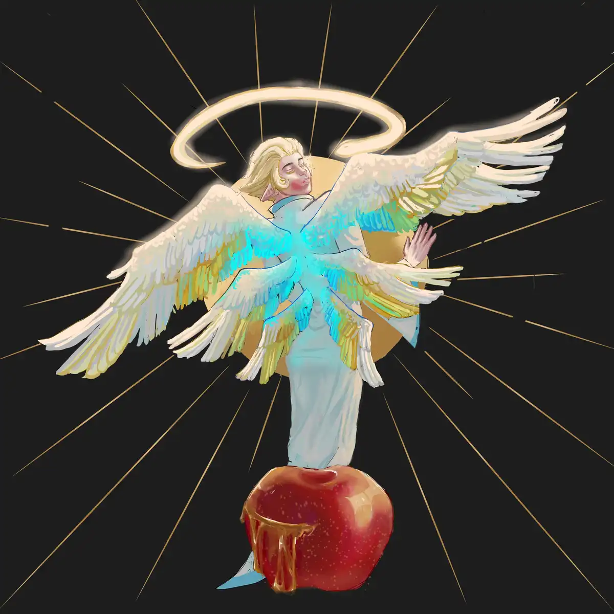 An angel with large white wings and a halo stands atop a red apple that has been bitten and is dripping honey, set against a…