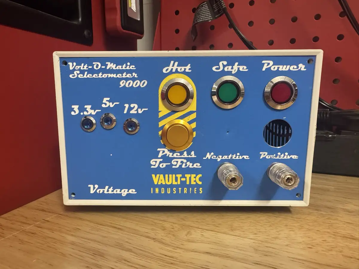 A blue panel labeled 'Volt-D-Matic Selectometer 9000' by Vault-Tec Industries features three voltage selection buttons…