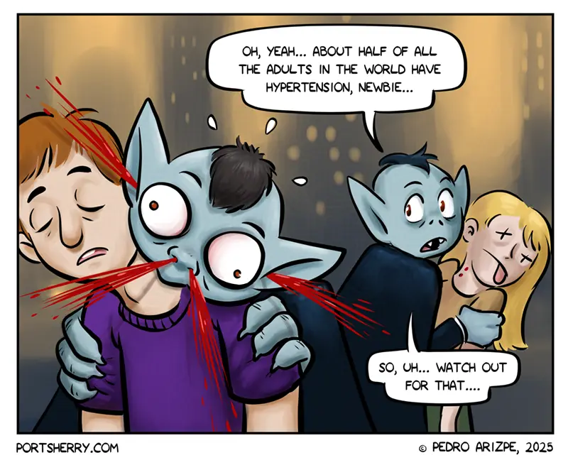 A cartoon depicts a blue-skinned, wide-eyed vampire-like creature biting into a human's neck, causing blood to spray. Behind…