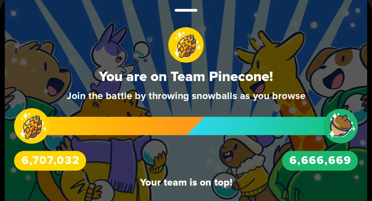 A screenshot of a game interface showing cartoon animals in winter clothes cheering, with a progress bar indicating 'Team…