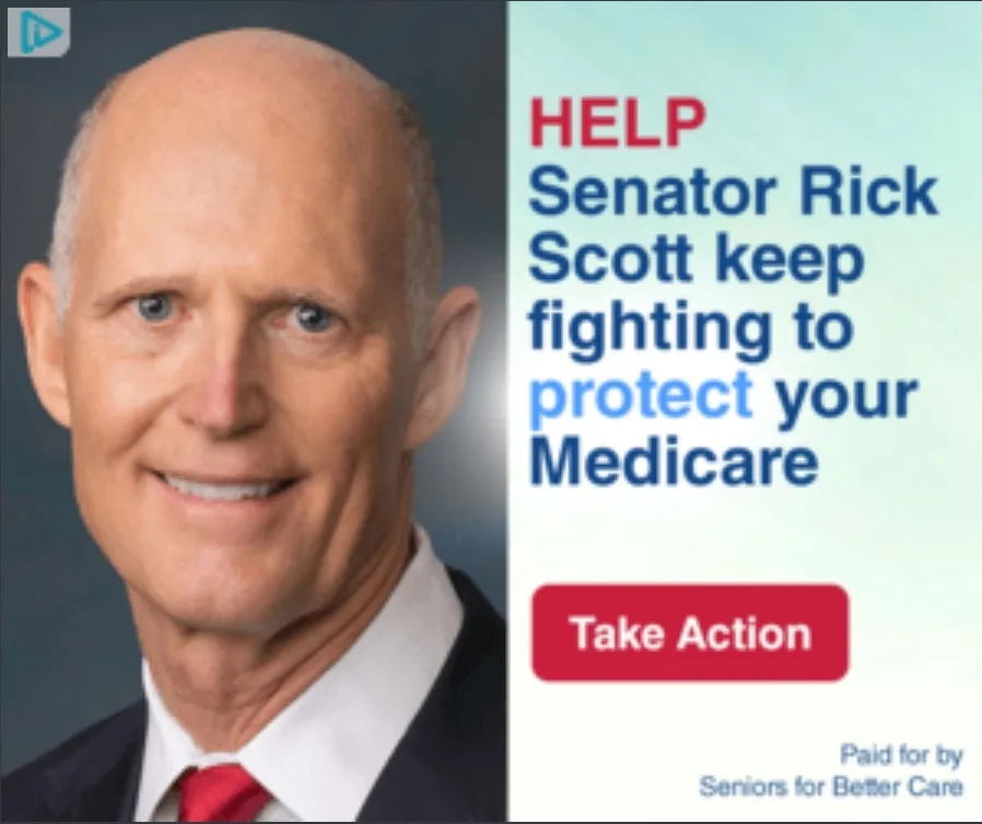 A political advertisement featuring a smiling bald man in a suit and red tie, with text urging viewers to help Senator Rick…