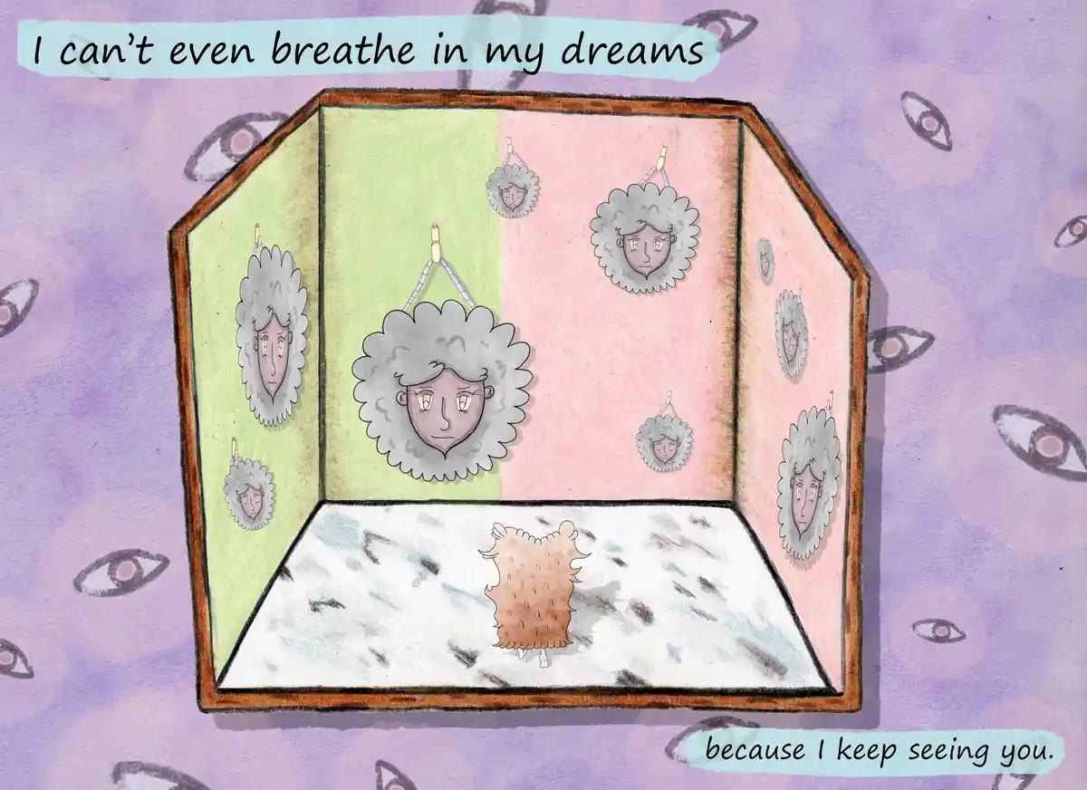 An illustrated room with pastel green and pink walls, where multiple identical sheep-like faces with fluffy gray wool hang…