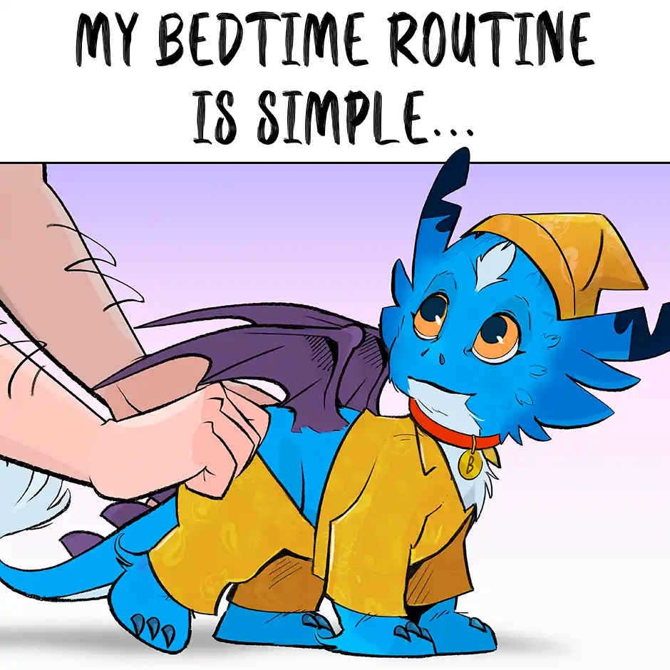 A cartoon blue dragon wearing a yellow outfit and hood is being held by a human hand while looking nervous. The text above…