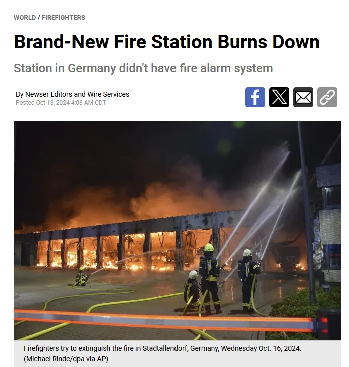 A news article screenshot shows firefighters battling a large fire at a modern building at night, with flames visible…