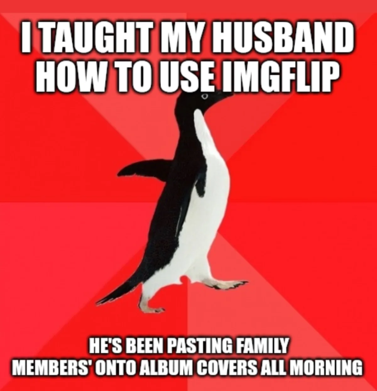 A black-and-white penguin stands against a red background with diagonal stripes. The text at the top reads 'I TAUGHT MY…