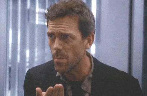 six-panel image sequence showing actor Hugh Laurie as Dr. House from 'House M.D.' expressing escalating shock and disbelief…
