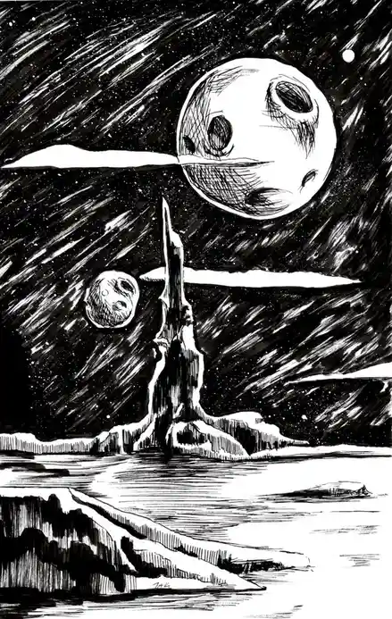 A black-and-white ink drawing depicts a surreal, cosmic landscape with a large, skull-like moon dominating the sky, a…