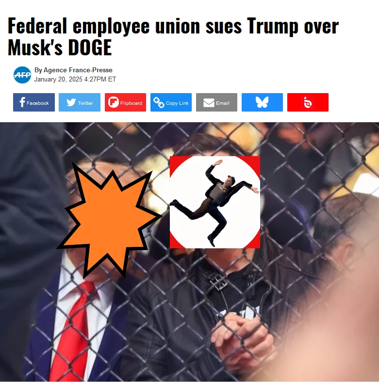 A screenshot of a news article with the headline 'Federal employee union sues Trump over Musk's DOGE' is overlaid with a…