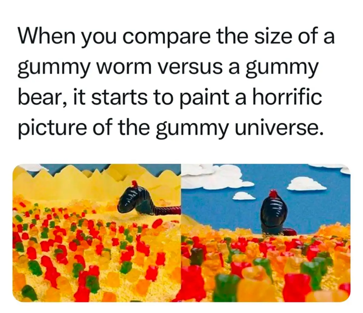 The image shows a split-screen of a black gummy worm standing in a field of tiny gummy bears. The left side has a yellow sky…