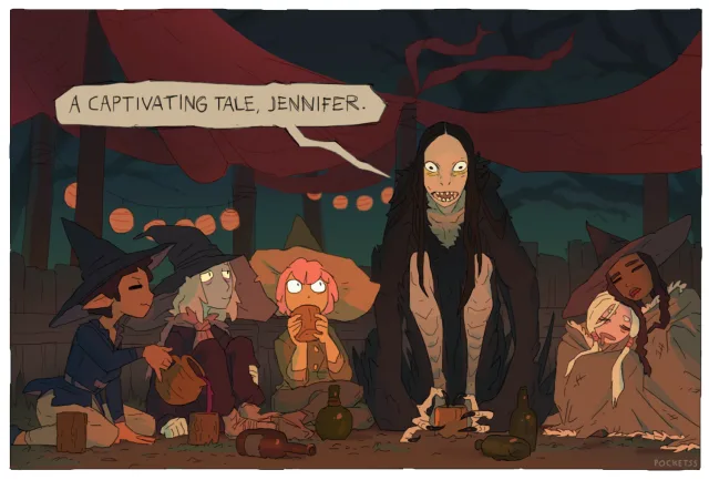 A group of witches sits around a campfire at night, listening to a tall, pale, monstrous figure with long black hair and…