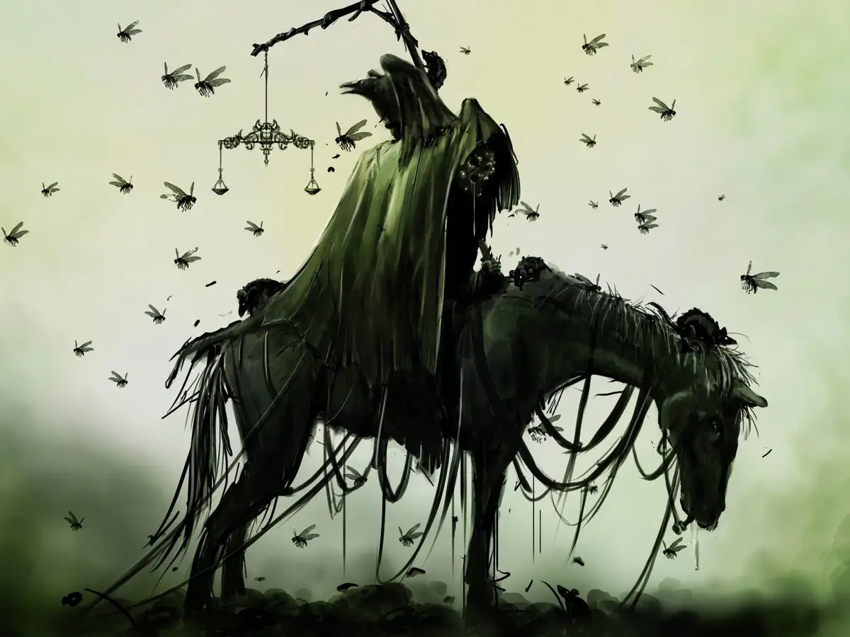 A dark, artistic depiction of the grim reaper, shown as a robed figure with a bird-like head, riding a skeletal horse with…