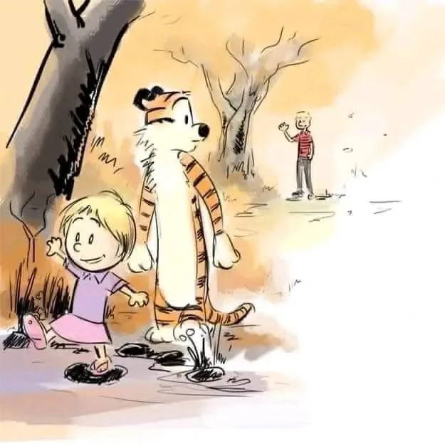A cartoon drawing shows Calvin, a small boy in a purple shirt and pink skirt, happily skipping in muddy puddles with his…