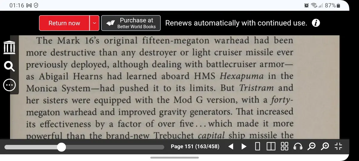 A screenshot of a book reading app displaying a page of text from a science fiction novel. The text describes the increasing…