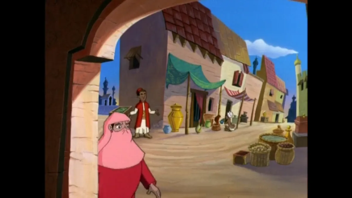 A cartoon scene from 'The Thief and the Cobbler' shows a pink-robed, bearded man peering out from an archway into a sunlit…
