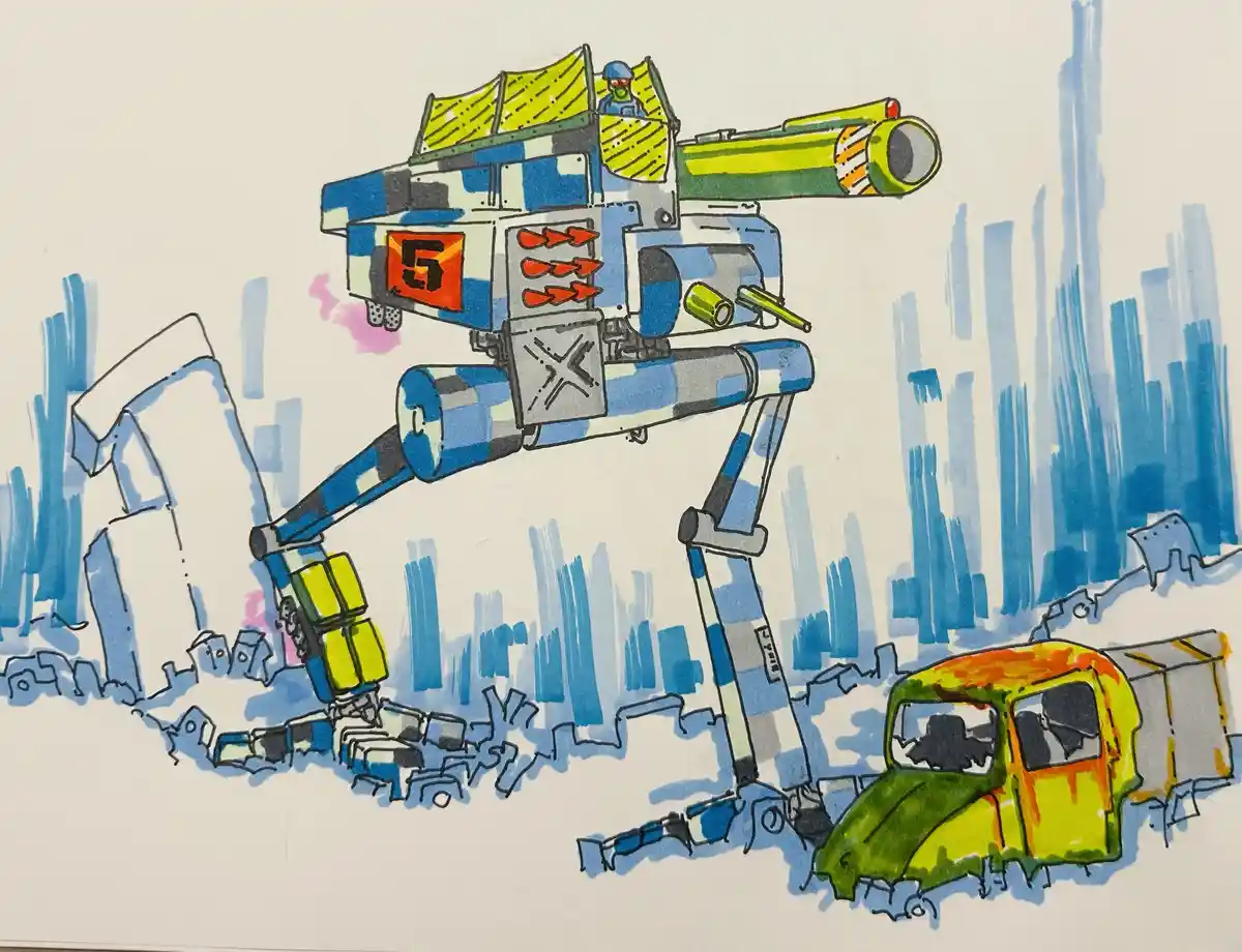 A hand-drawn illustration shows a large, blue-and-white camouflaged bipedal tank with a yellow cannon and a pilot in the…