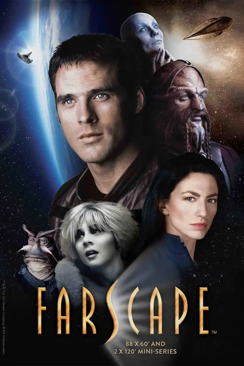 A promotional poster for the sci-fi series 'Farscape' featuring a collage of its main characters against a starry space…