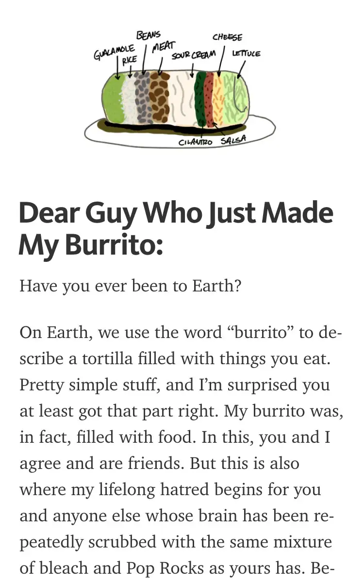 A hand-drawn illustration of a cross-sectioned burrito labeled with ingredients like guacamole, rice, beans, meat, sour…