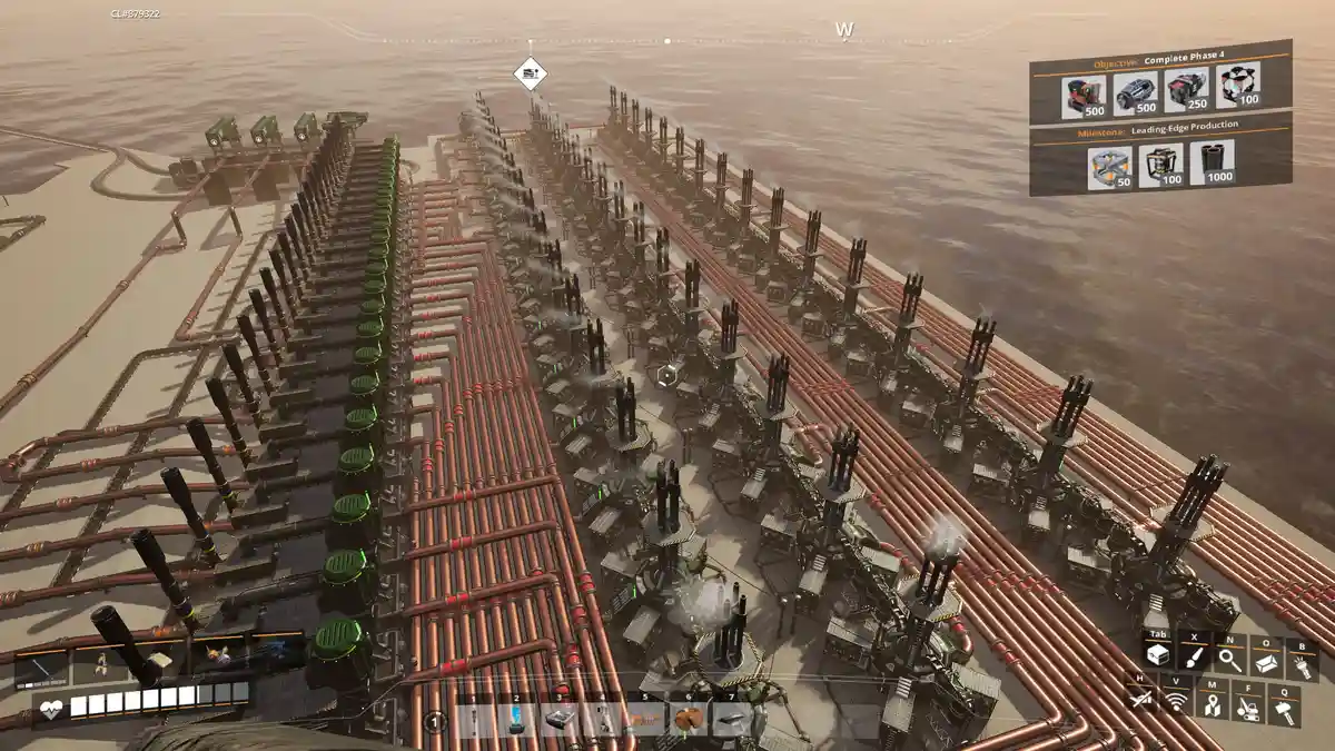 An overhead view of a massive, highly complex factory in a desert-like environment, featuring rows of industrial machines…