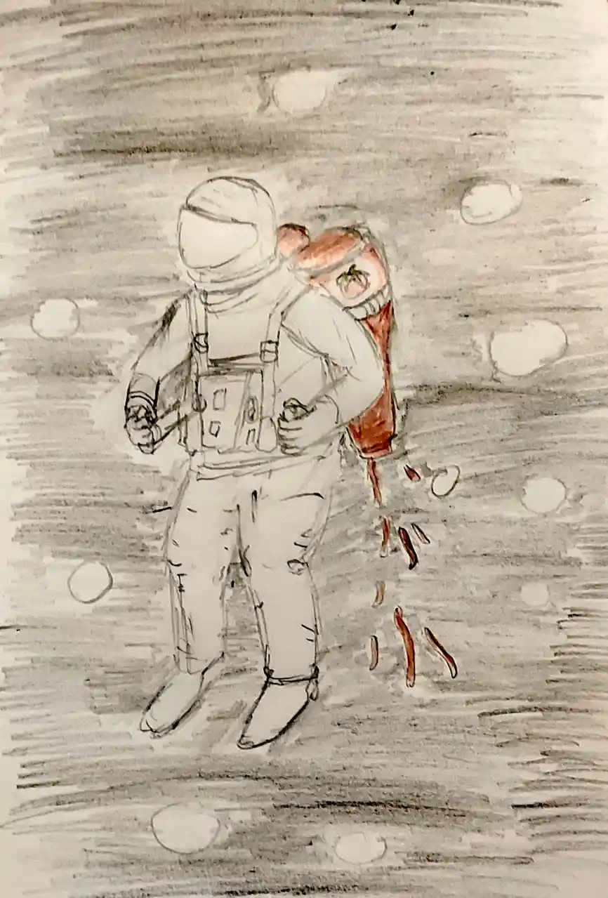 A hand-drawn sketch depicts an astronaut in a spacesuit standing on a barren, cratered surface resembling the moon, with a…