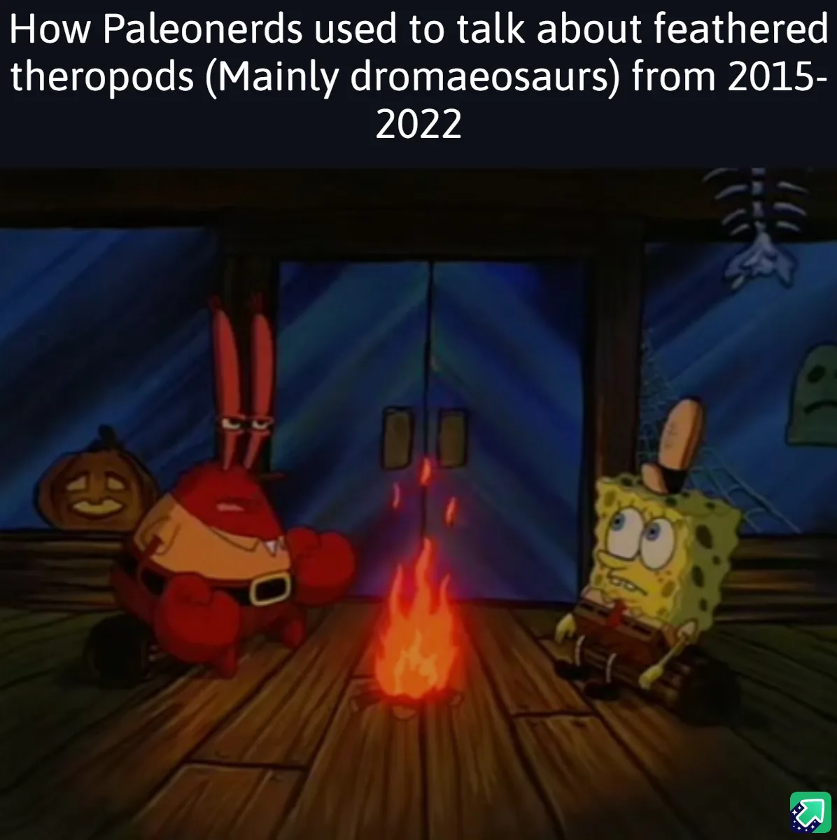 Two cartoon characters, SpongeBob SquarePants and Mr. Krabs, sit on opposite sides of a small campfire in a dimly lit room…