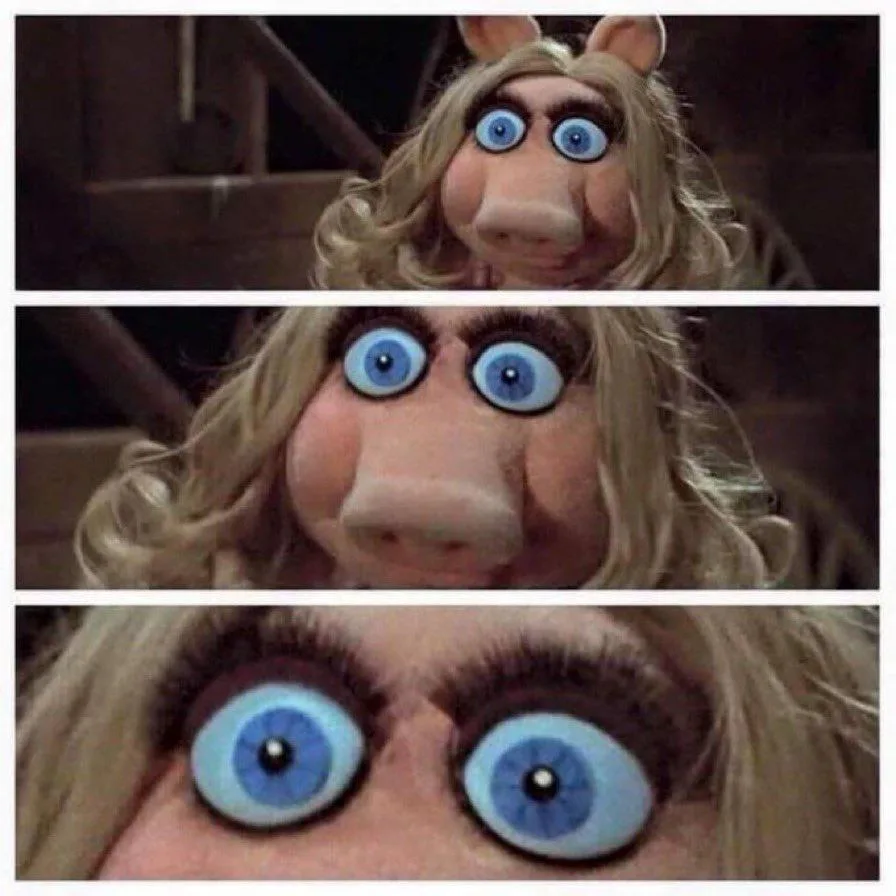 A three-panel image shows Miss Piggy from The Muppets, starting with a full face shot, then a medium close-up, and finally…