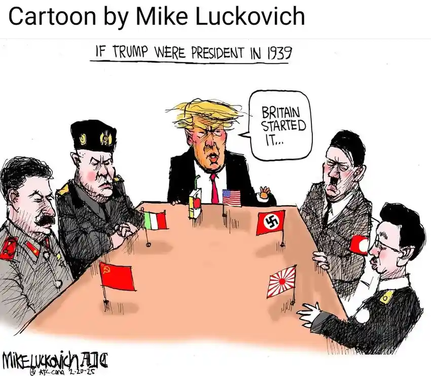 A cartoon depicts a meeting of historical dictators including Stalin, Mussolini, Hitler, and Tojo seated around a table with…