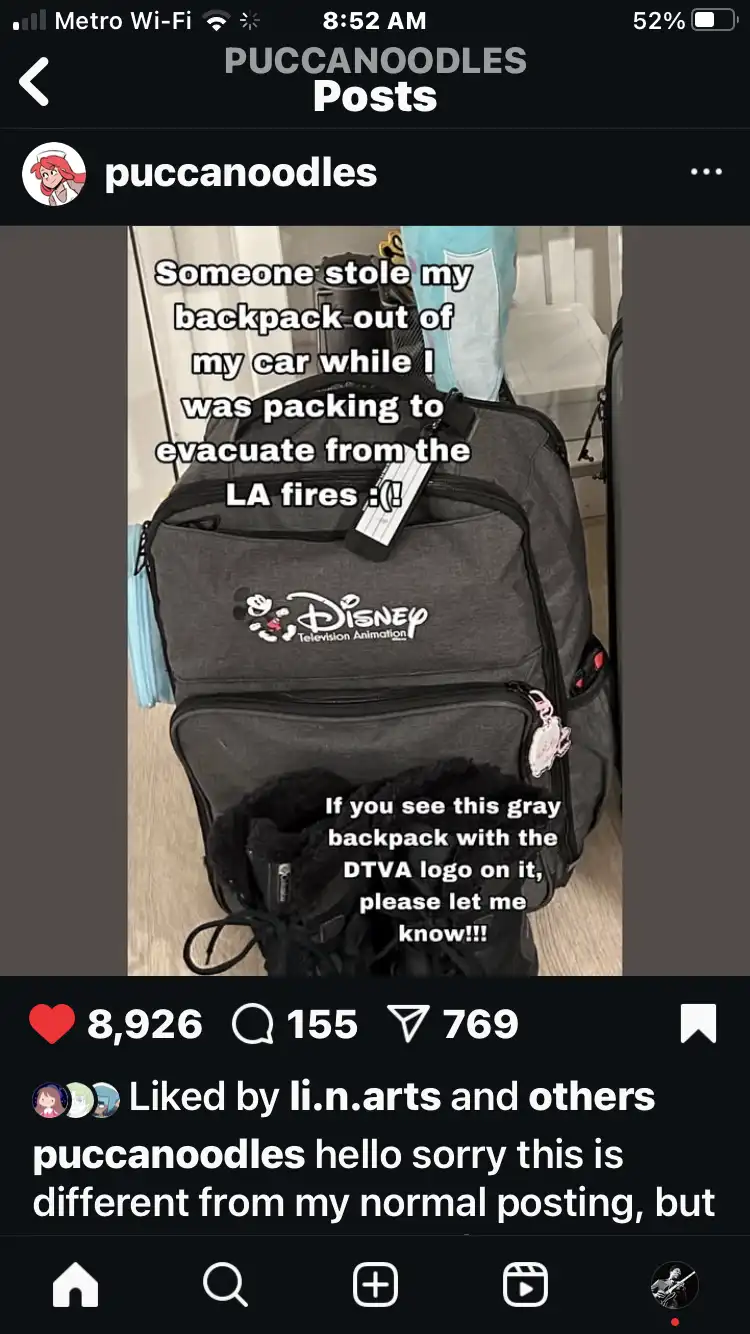 A gray Disney Television Animation branded backpack is shown with overlaid text stating that someone stole it while the…