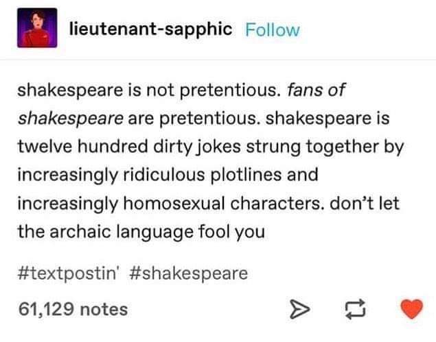 A screenshot of a Tumblr post by 'lieutenant-sapphic' with black text on a white background. The text humorously claims…