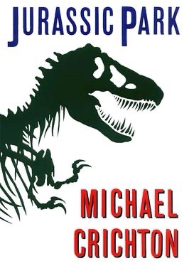 The image displays the cover of the book 'Jurassic Park' by Michael Crichton, featuring a black silhouette of a…