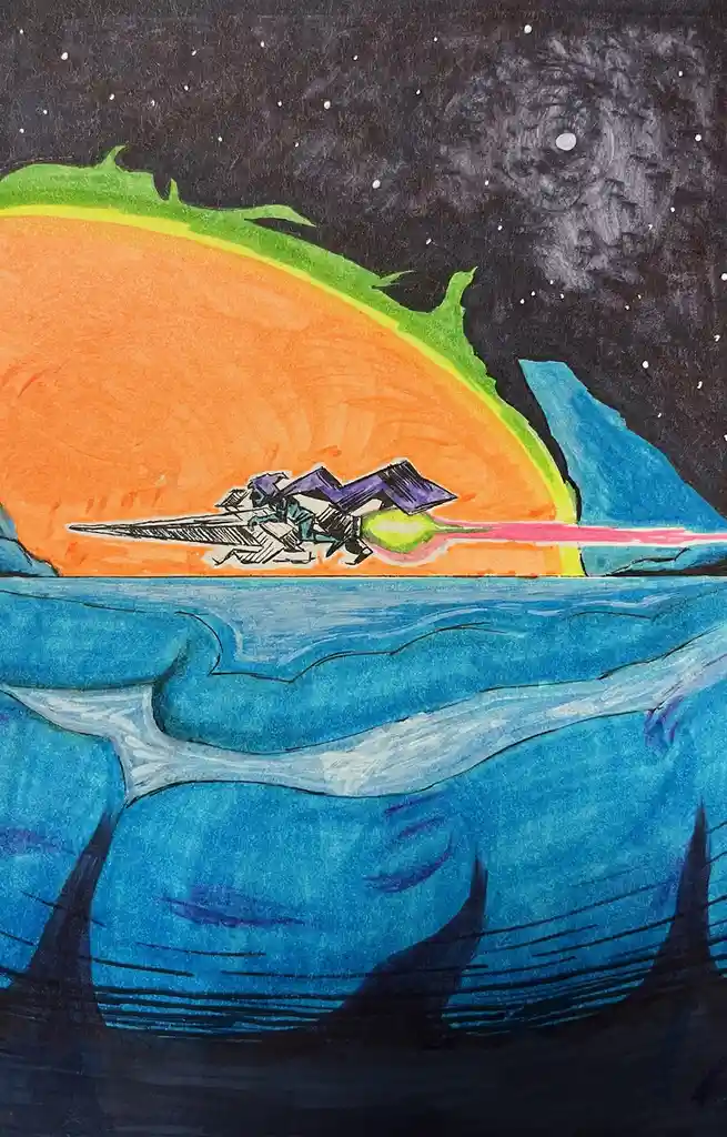 A hand-drawn, colorful illustration depicts a Star Wars-style spaceship flying low over a blue, wavy ocean under a large…