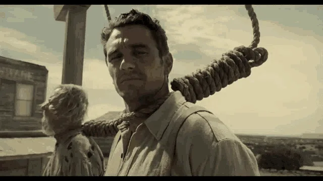 A man is shown in three frames with a noose around his neck, looking increasingly smug. In the next two frames, he smiles…