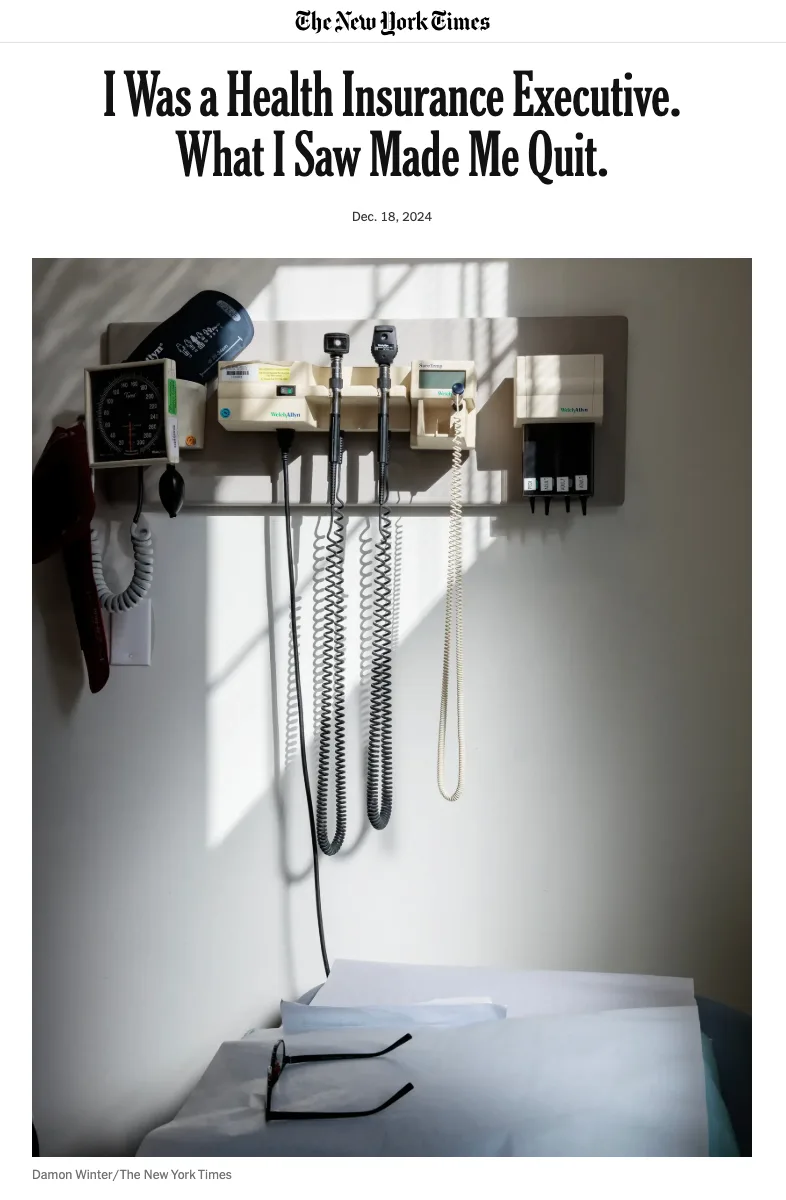 A New York Times article cover photo shows a hospital examination room wall with medical equipment like a sphygmomanometer…