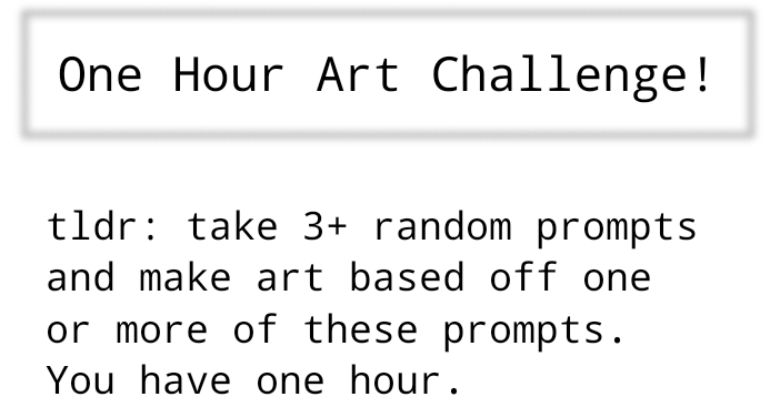 A white background image displays black text outlining a 'One Hour Art Challenge'. The text explains the rules: participants…