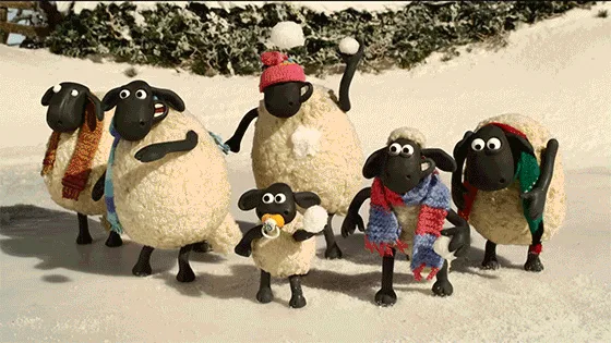 Six panels show a group of animated sheep in a snowy landscape, wearing winter accessories like scarves and hats. The sheep…