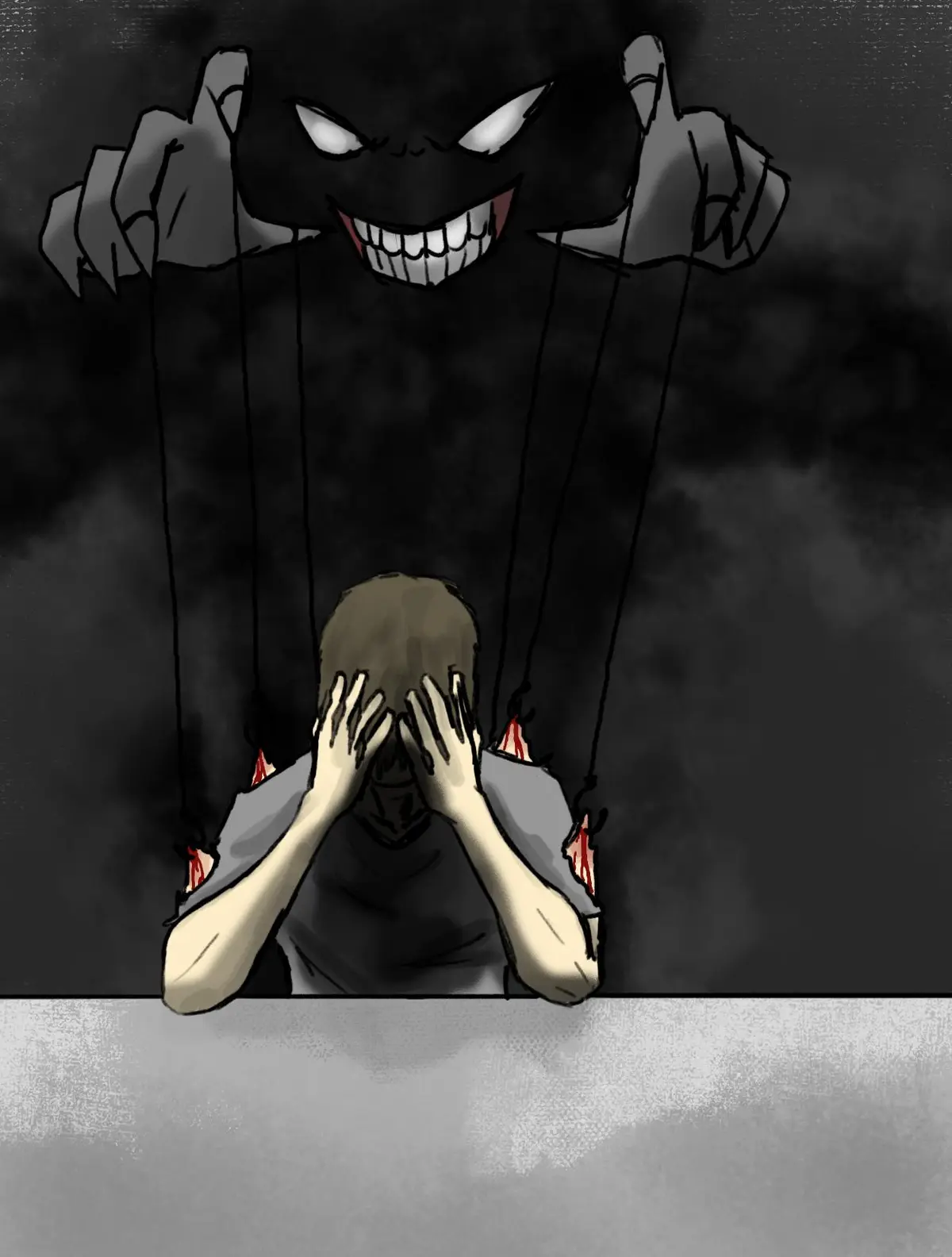 A person with their back to the viewer, hands covering their face, is depicted as a puppet with strings being pulled by a…