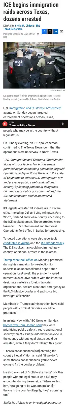 The image is a screenshot of a news article from KERA's The Texas Newsroom, dated January 26, 2025, with the headline 'ICE…
