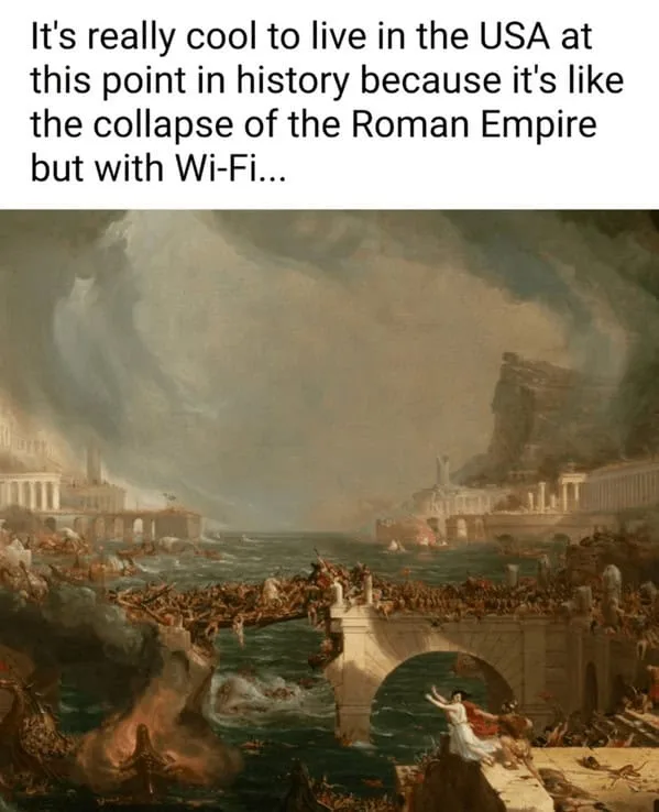 The image is a classical painting depicting the chaotic collapse of a grand ancient city, with people fleeing across a…