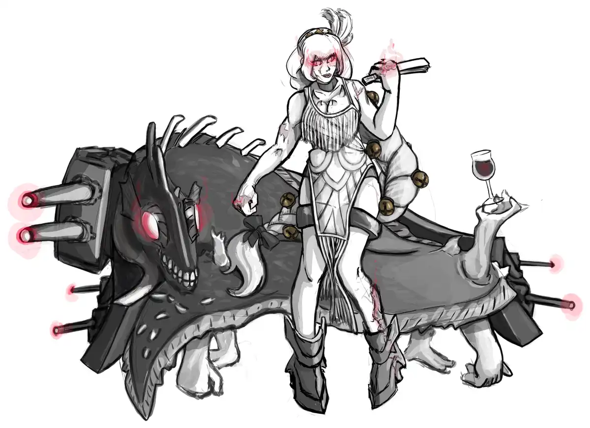 A stylized anime-style illustration shows a woman with white hair and red eyes, wearing armor and holding a smoking gun…