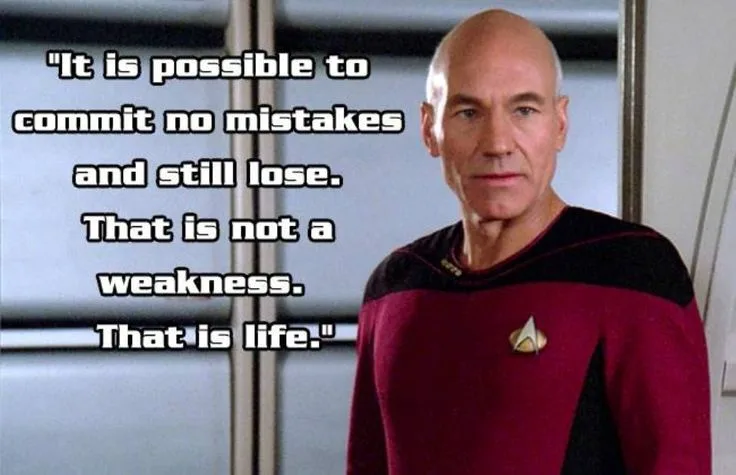 A still image of Captain Jean-Luc Picard from Star Trek: The Next Generation, wearing his red command uniform with a gold…