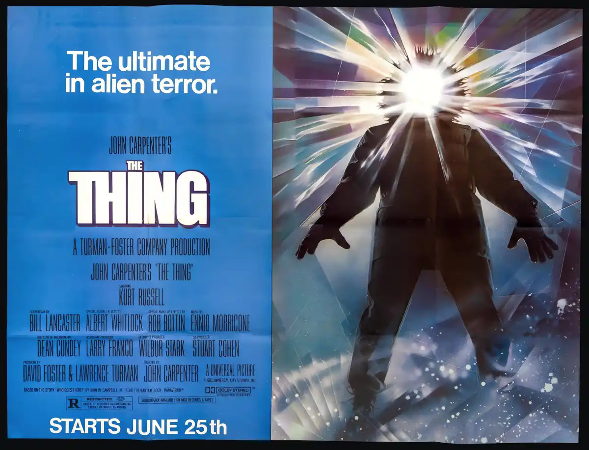 This is a vintage movie poster for John Carpenter's 1982 sci-fi horror film 'The Thing,' featuring a dramatic image of a…