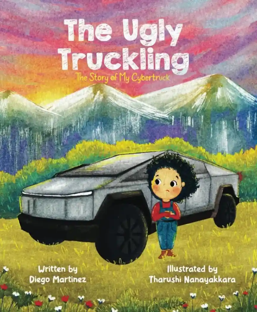 A children's book cover shows a cartoon child standing beside a silver Tesla Cybertruck in a field with mountains and a…
