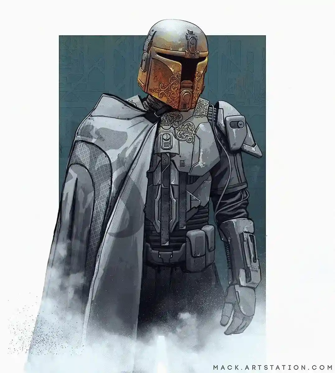 A full-body illustration of a Mandalorian warrior in ornate, gold-embellished helmet and grey armor, draped in a flowing…