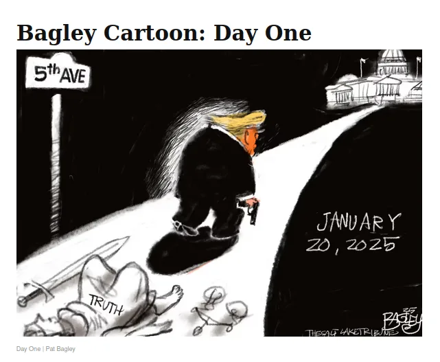 A political cartoon by Pat Bagley shows a figure resembling Donald Trump walking down a snowy street labeled '5th AVE'…