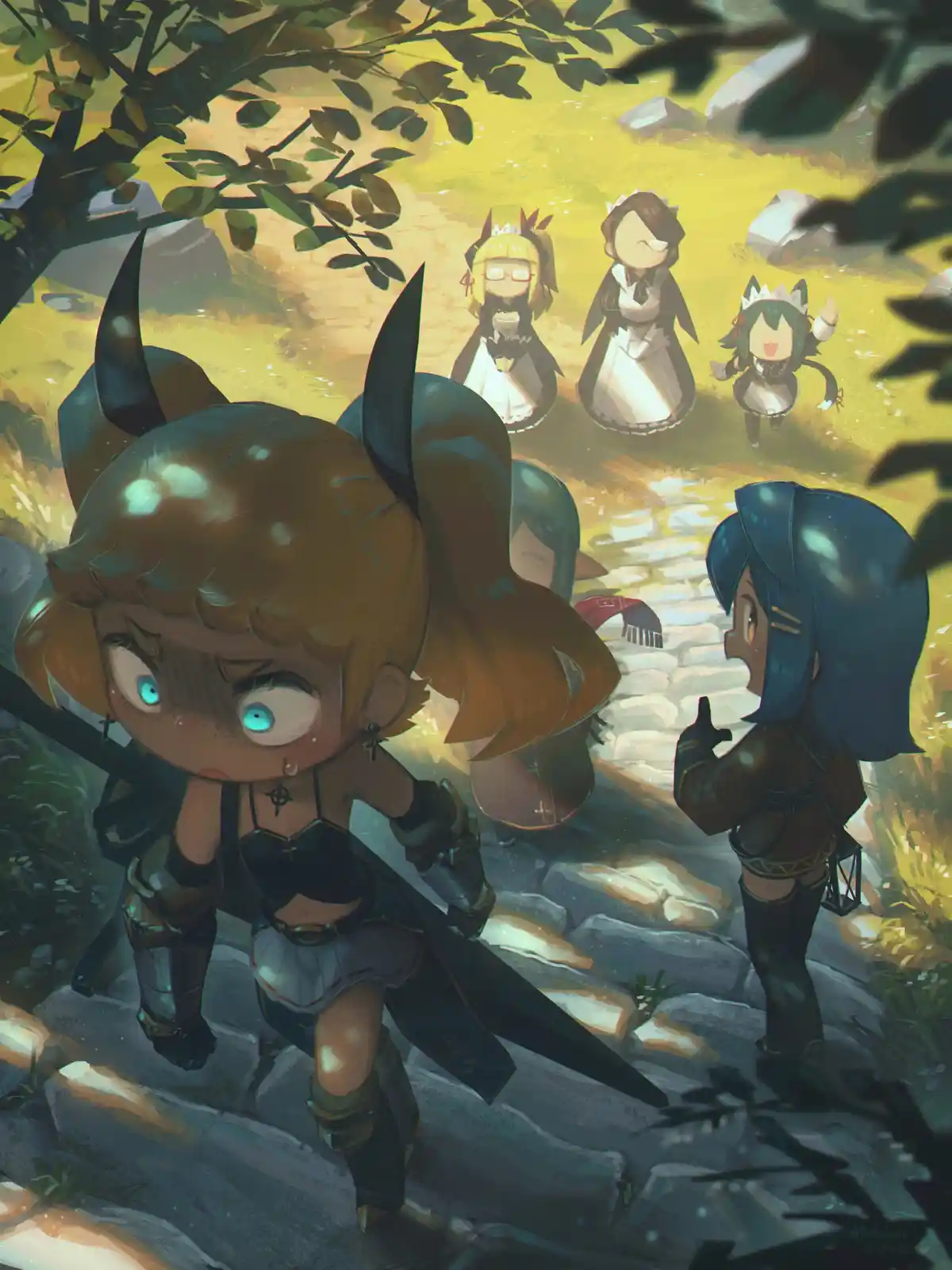 A chibi-style anime illustration shows a brown-haired character with horns and a sword looking tearful and overwhelmed while…