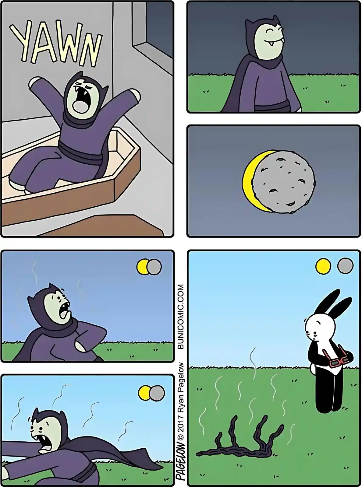 A four-panel comic shows a vampire yawning indoors, then outside at night as the moon smiles. The moon then turns into a…
